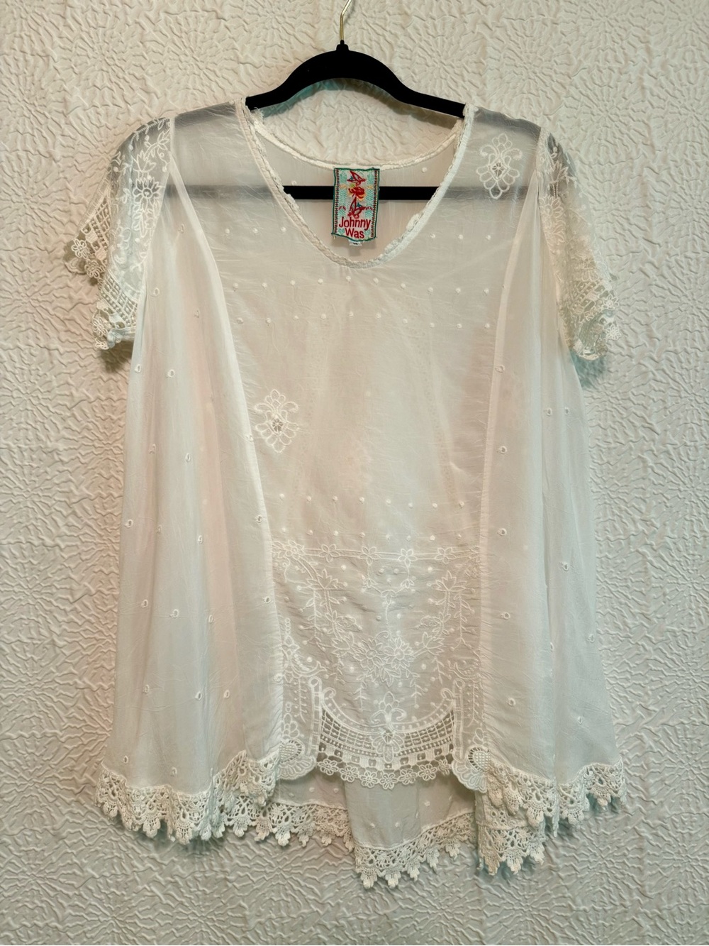 Johnny Was White Sheer Embroidered Lace Top